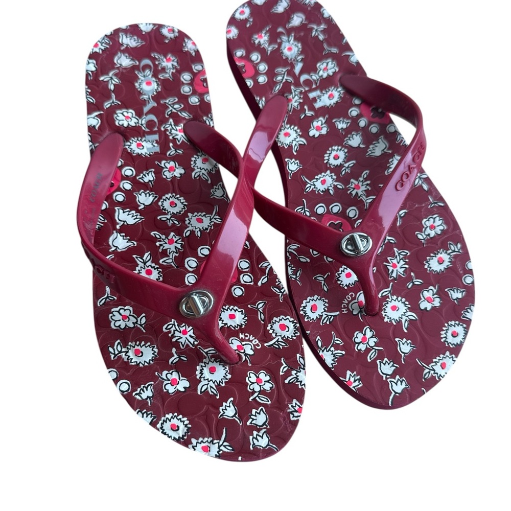 Coach Flip Flops Red Abbigail Floral Rubber Size 6B Womens BNWOT